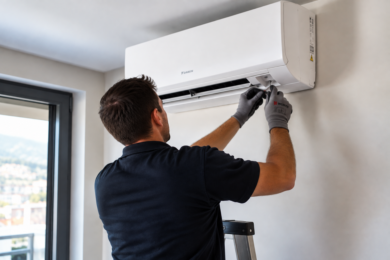 Técnico instalando un equipo de aire acondicionado en una vivienda