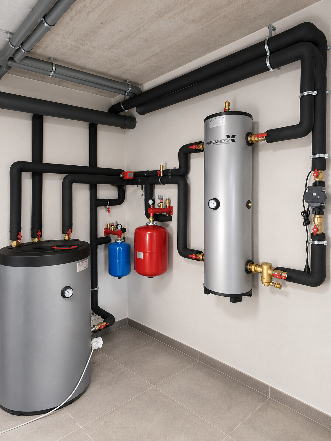 Sala técnica con depósitos y tuberías aisladas de una instalación de climatización